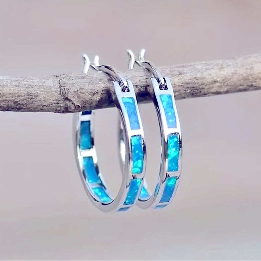 Green Opal Bohemian Style silver plated hoop earrings.